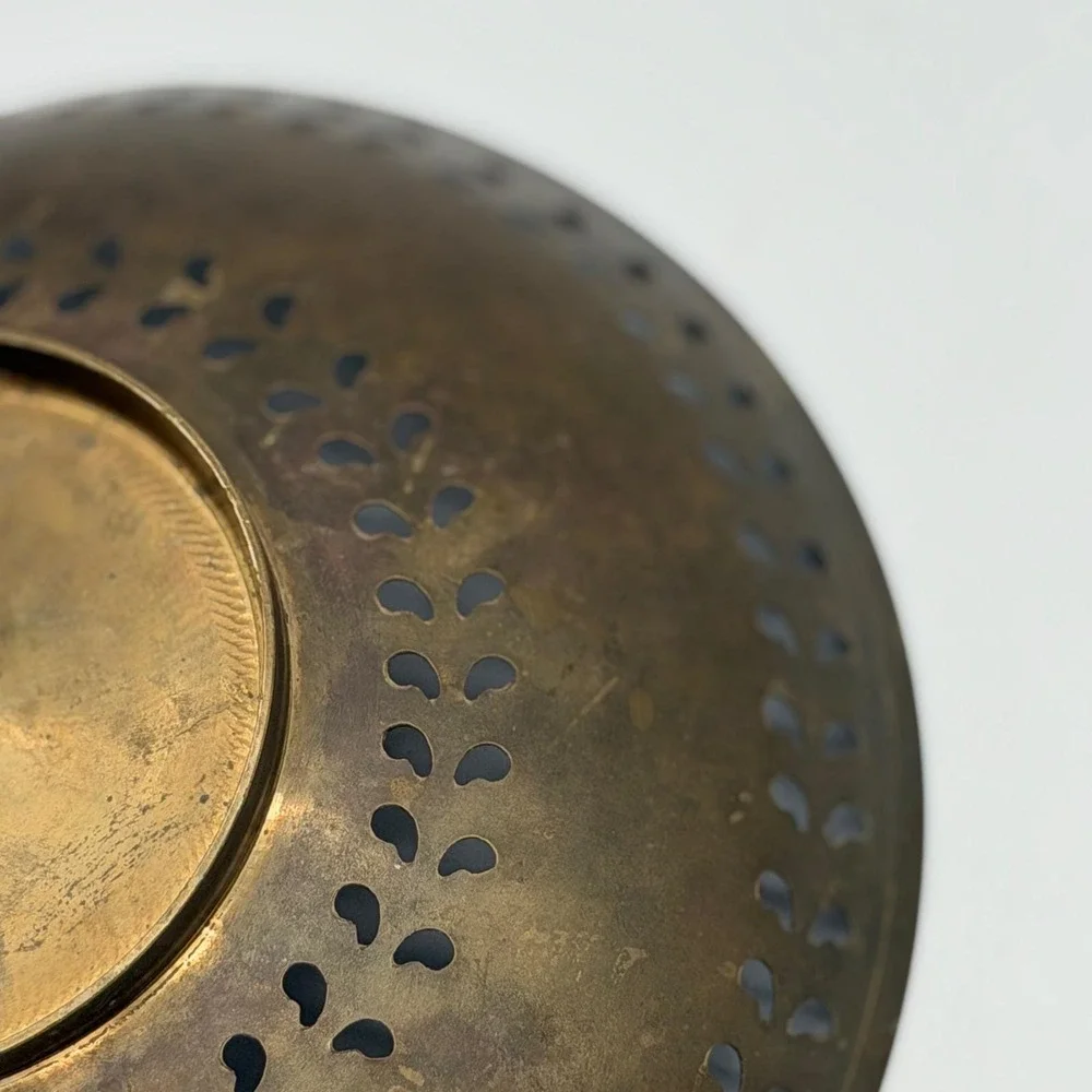 Vintage Enameled Brass Peacock Bowl Pierced Edges Hand Painted India 7.25in